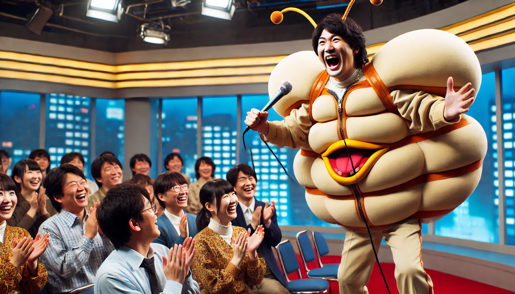 A Japanese male comedian performing an exaggerated impersonation on stage. He wears a unique costume to enhance the humor, and the audience is laughing. The stage is brightly lit, with a comedy club or television studio atmosphere.