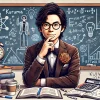 A digital illustration of a Japanese male comedian representing "Kuruma" from the duo Reiwa Roman, depicted in an intellectual and thoughtful manner. He is surrounded by books, notes, and a chalkboard filled with equations or creative ideas, symbolizing his gifted intelligence. The setting should convey a mix of comedy and intellect, possibly a backstage brainstorming session or a personal study space.