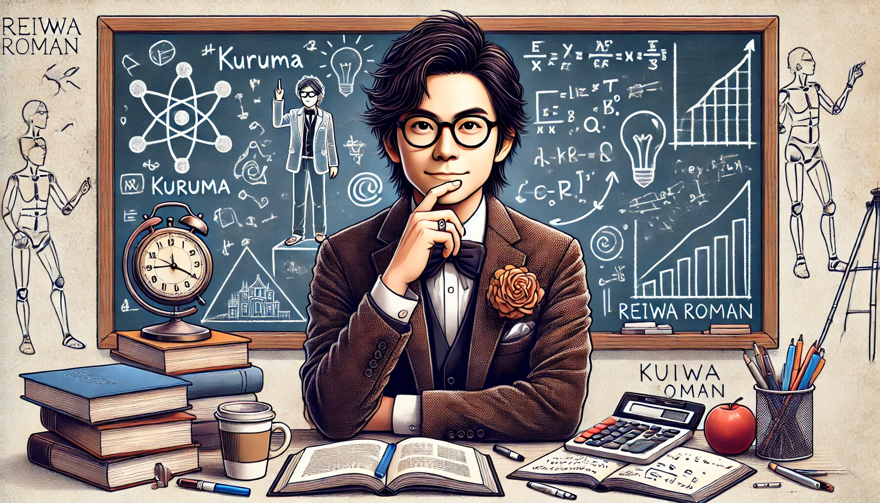 A digital illustration of a Japanese male comedian representing "Kuruma" from the duo Reiwa Roman, depicted in an intellectual and thoughtful manner. He is surrounded by books, notes, and a chalkboard filled with equations or creative ideas, symbolizing his gifted intelligence. The setting should convey a mix of comedy and intellect, possibly a backstage brainstorming session or a personal study space.