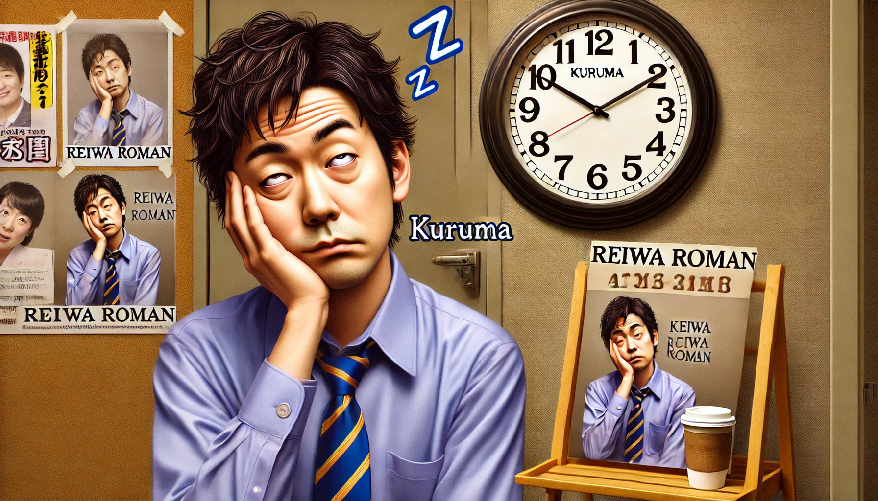 A humorous digital illustration of a Japanese male comedian looking sleepy and disoriented, representing "Kuruma" from the duo Reiwa Roman. He is standing in front of a clock showing a late time, possibly indicating a missed appointment or performance. The setting is a backstage dressing room or a comedy club stage, capturing a lighthearted but relatable moment.