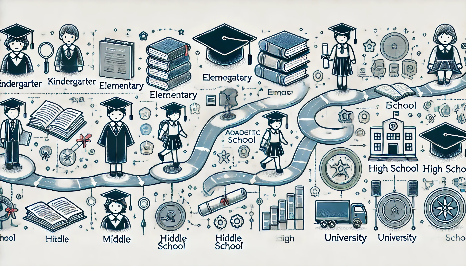 A visual summary of an academic journey in Japan, showcasing a path from kindergarten, elementary, middle, and high school, leading to university. The image features a timeline or symbolic representation of a student progressing through each stage, with elements like books, graduation caps, and academic achievements.