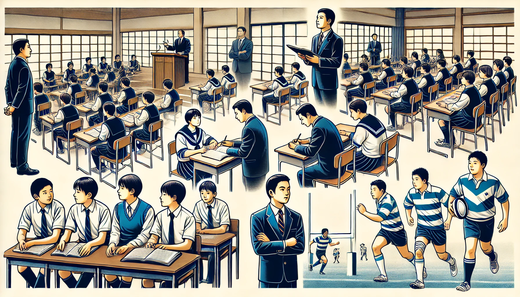 A traditional Japanese middle and high school setting, depicting students engaged in various activities. Some students are in a structured classroom setting, attentively listening to a teacher, while others are involved in extracurricular activities such as sports (rugby or track and field). The students are wearing Japanese school uniforms, and the environment reflects a disciplined, academic atmosphere.