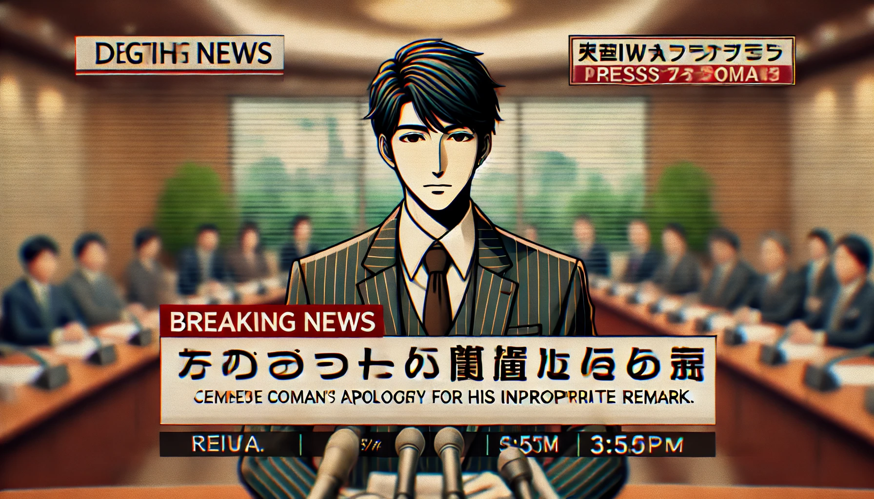 A digital news graphic featuring the topic: "Japanese comedy duo Reiwa Roman's member 'Kuruma' apologizing for his inappropriate remark." The image should depict a serious news-style design with a bold Japanese headline, a blurred background of a press conference setting, and a neutral, professional color scheme.