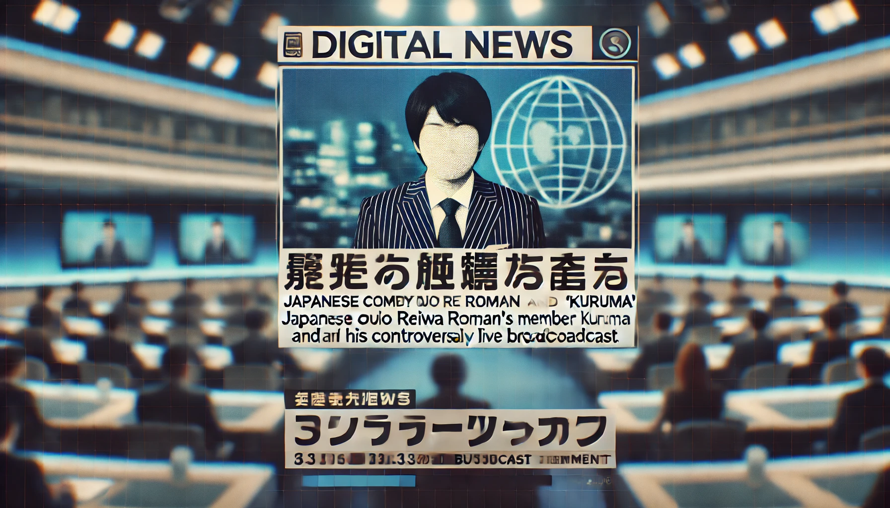 A digital news graphic featuring the topic: "Japanese comedy duo Reiwa Roman's member 'Kuruma' and his controversial live broadcast statement." The image should include a bold Japanese headline, a blurred background of a television studio, and a professional, neutral color scheme to emphasize the text. The style should be similar to a serious news report.