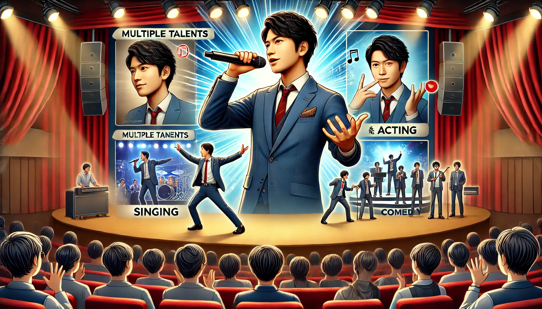 A Japanese male comedian showcasing multiple talents on stage, including singing, acting, and comedy. He is engaging with the audience, who are enjoying the performance. The stage has a dynamic setting with vibrant lighting and a large screen displaying visuals related to his act.