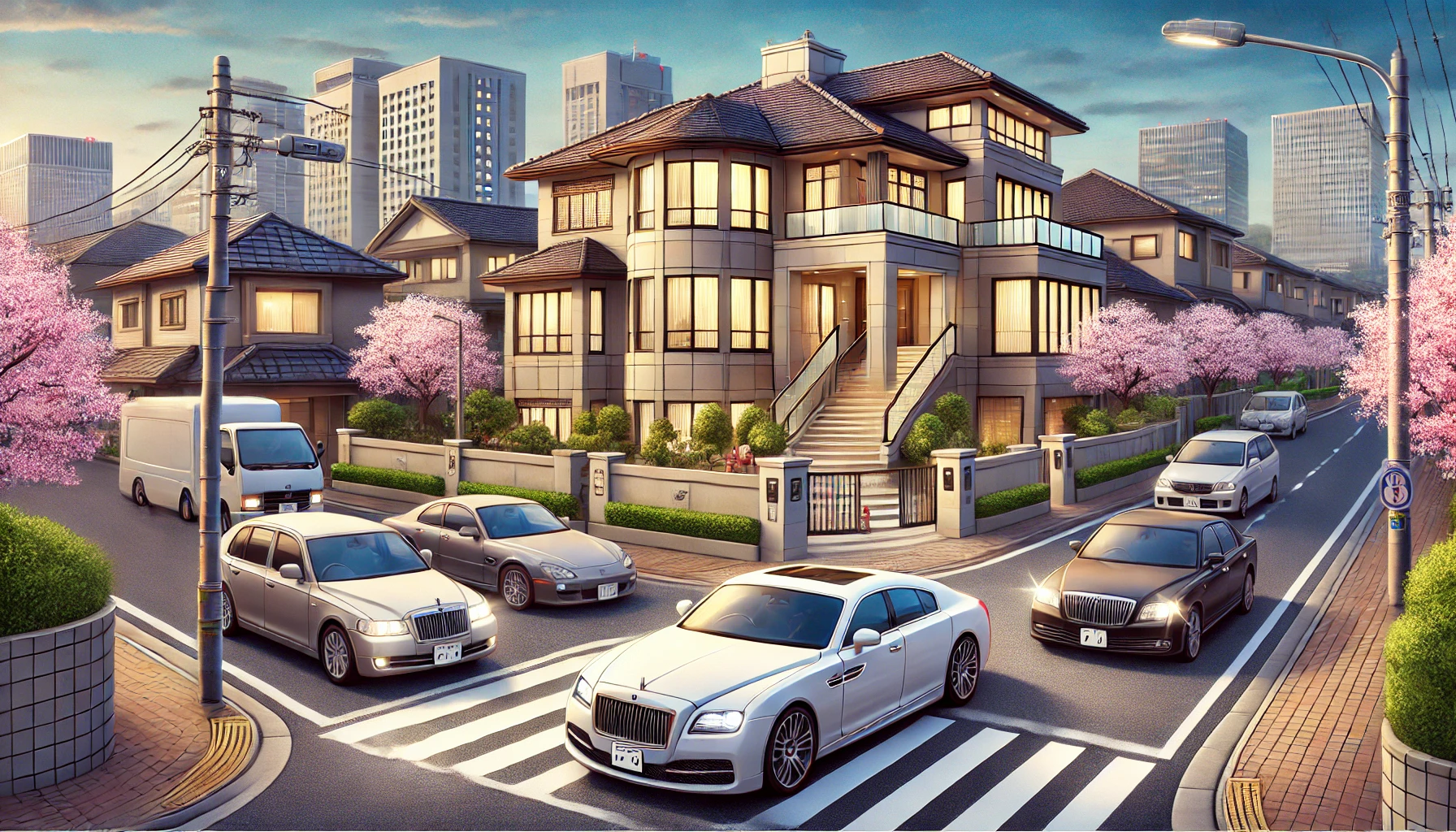 A luxurious mansion in a wealthy Japanese neighborhood, representing the rich lifestyle of Japanese comedian Kemuri from Reiwa Roman. The mansion features modern architecture, a grand entrance, and luxury cars parked outside. The setting is in an upscale Tokyo area with cherry blossoms lining the street. The image should emphasize wealth and exclusivity.