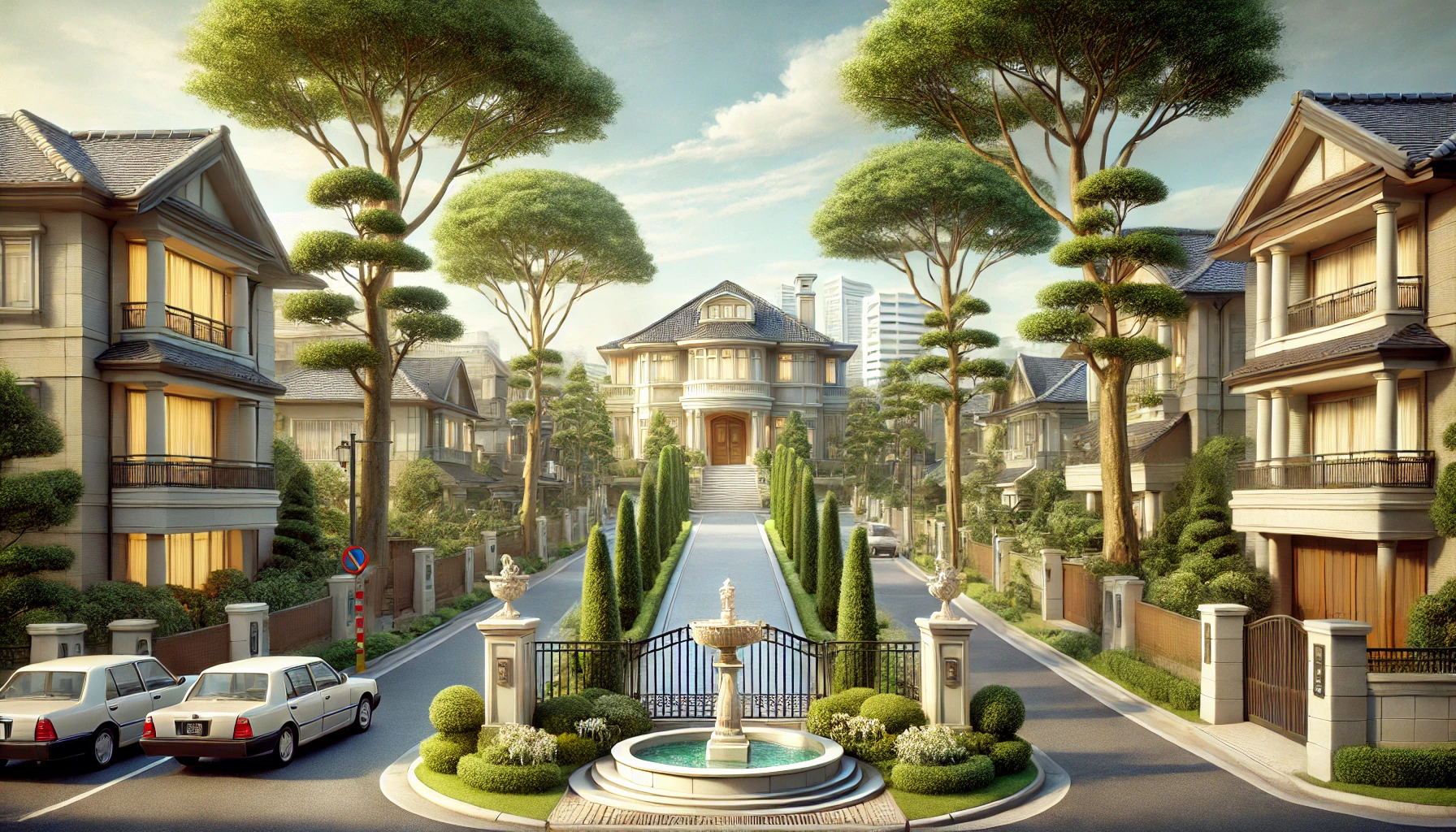 An upscale residential area in Tokyo, representing the high-class neighborhood of Matsushita where Japanese comedian Kemuri from Reiwa Roman grew up. The scene features luxury houses, tree-lined streets, and a quiet, exclusive atmosphere. The image should highlight the affluence and elegance of the area.