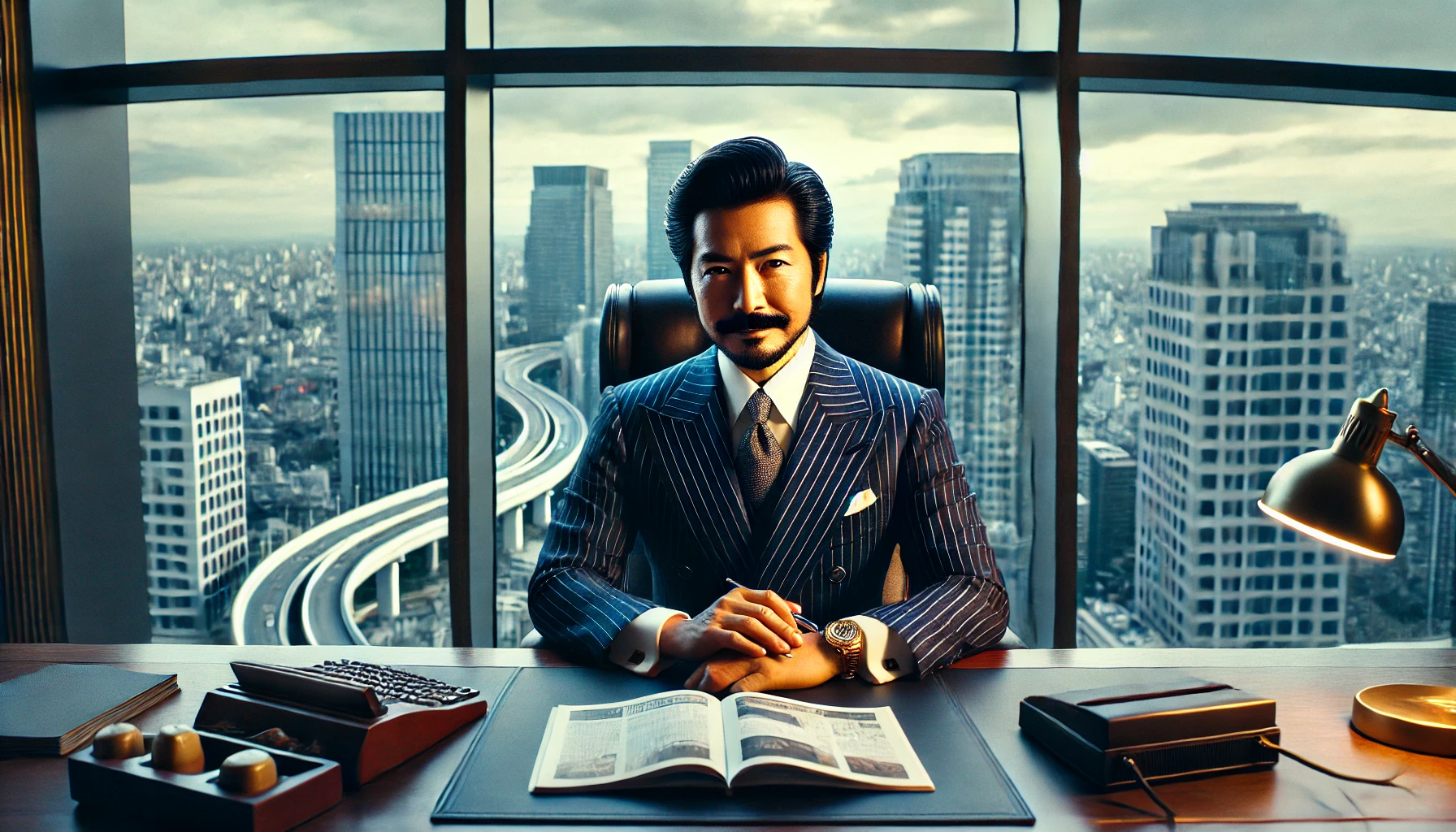 A corporate executive in a modern high-rise office in Tokyo, representing the father of Japanese comedian Kemuri from Reiwa Roman. The executive is a wealthy, high-ranking businessman, dressed in an expensive suit, working at a luxurious desk with a city skyline view. The image should highlight prestige and financial success.