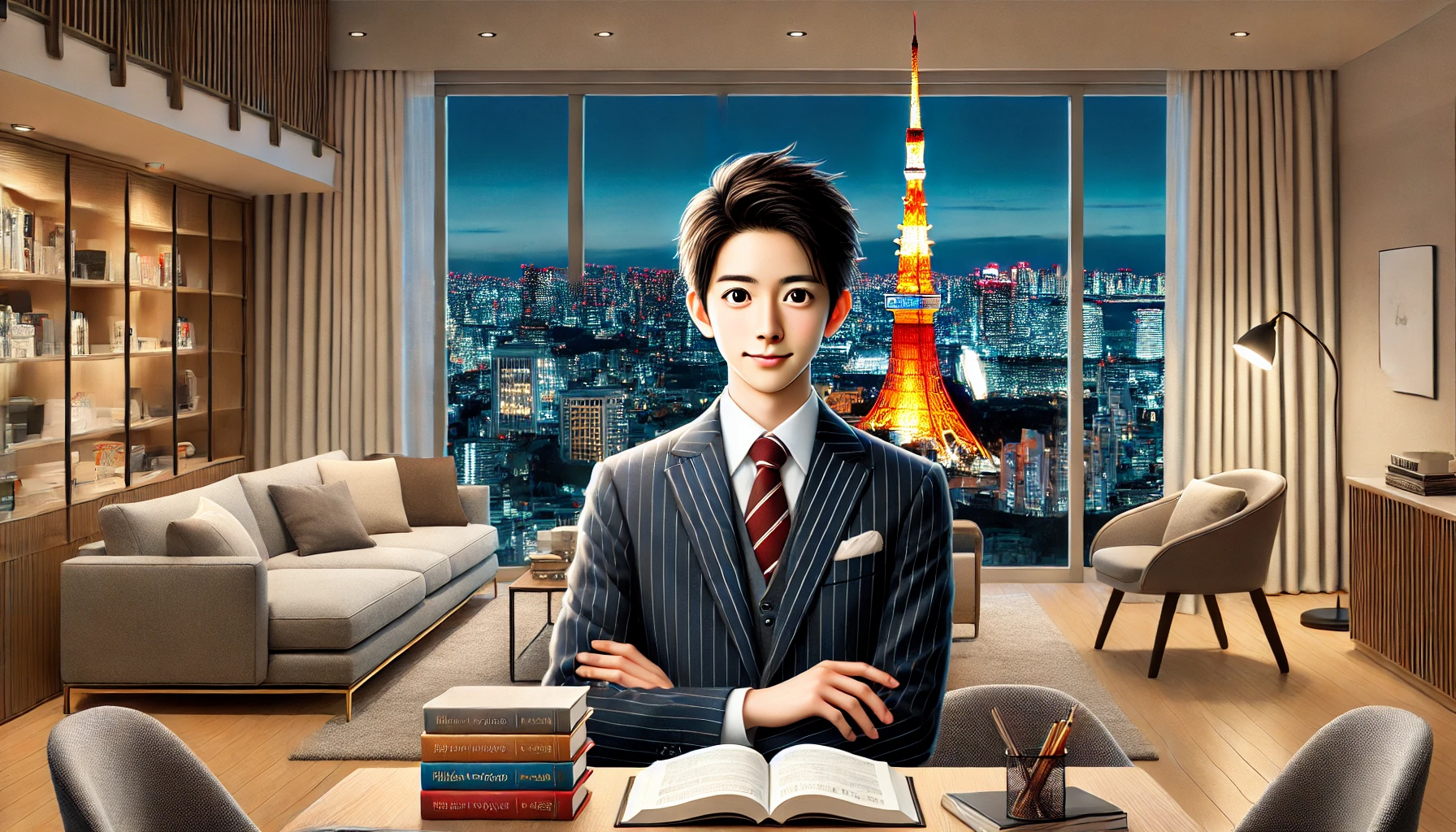 A young Japanese university student in a luxury apartment with a view of Tokyo Tower at night, representing the rich university life of Japanese comedian Kemuri from Reiwa Roman. The scene includes modern furniture, a study desk with books, and a comfortable atmosphere, showcasing an upscale student lifestyle.