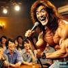 A Japanese male comedian with long hair, a strong facial structure, and a muscular build performing an exaggerated impression of a famous celebrity. The setting is a comedy club, with the audience laughing and reacting to his hilarious impersonation.