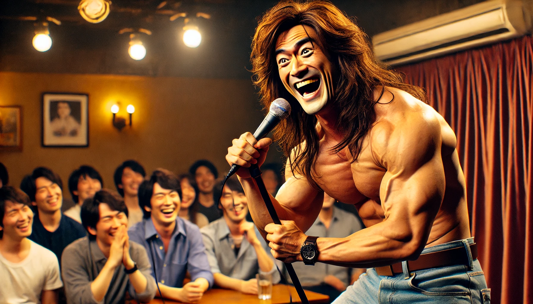 A Japanese male comedian with long hair, a strong facial structure, and a muscular build performing an exaggerated impression of a famous celebrity. The setting is a comedy club, with the audience laughing and reacting to his hilarious impersonation.