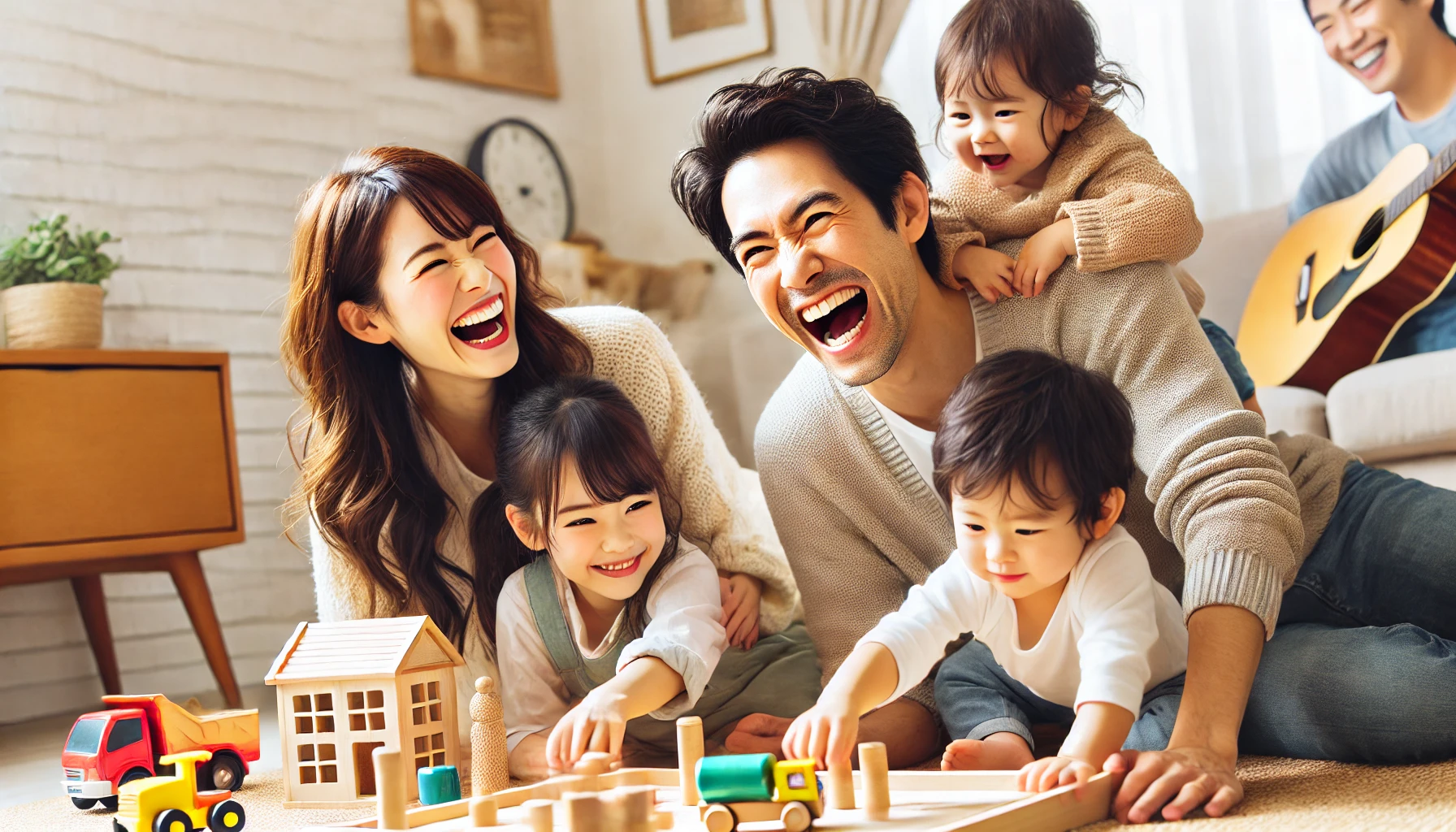 A joyful family moment featuring Japanese comedian Ryuuji Akiyama, his wife, their 10-year-old daughter, and 1-year-old son. They are in a cozy living room, playing together, sharing laughter, and enjoying a warm family time. The setting is bright and cheerful, reflecting their happiness.