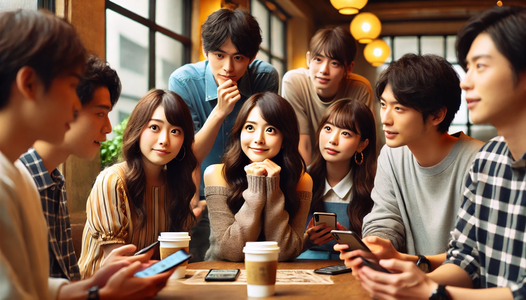 A group of Japanese fans in a discussion about the rumored beautiful mother of actress Suzu Hirose. They are sitting in a cozy café, engaged in an intense yet friendly debate, showing expressions of curiosity and excitement. Some have their smartphones out, possibly looking at online rumors. The background includes a warm, stylish café setting.