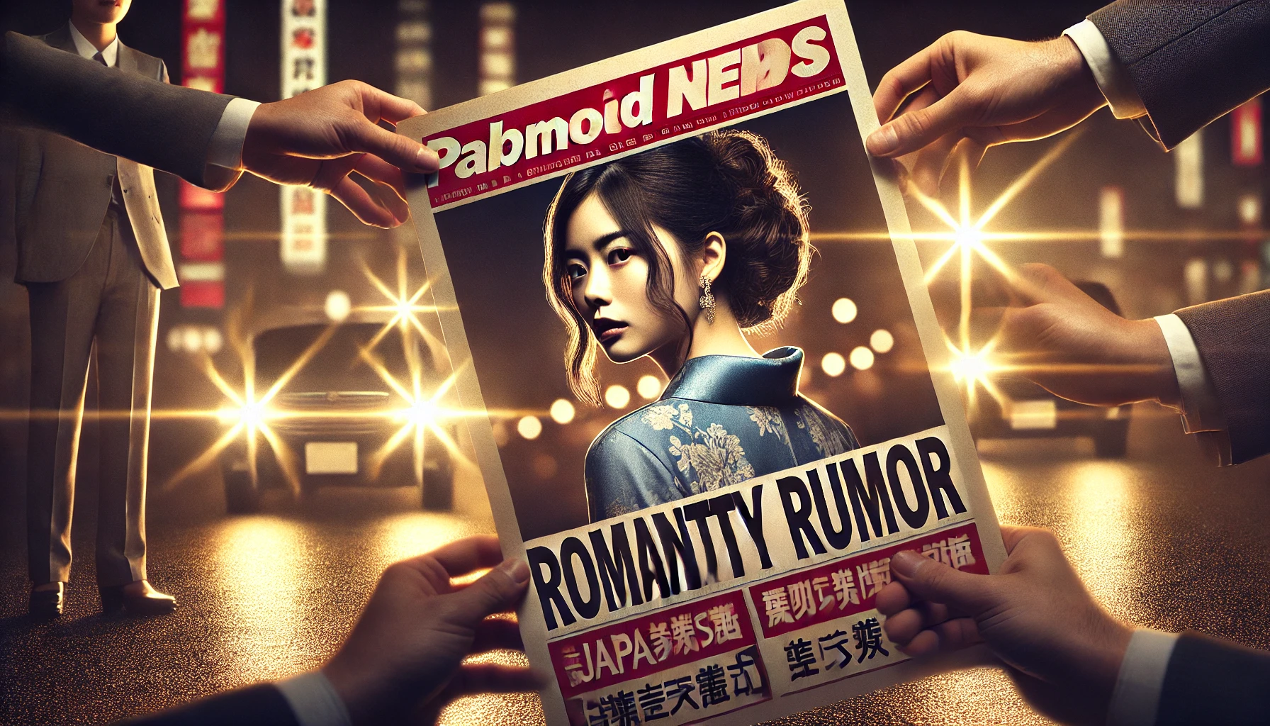 A dramatic tabloid-style image depicting Japanese actress Suzu Hirose in a romantic rumor setting. The scene should have a paparazzi-like atmosphere with blurred city lights in the background, hinting at secrecy and speculation. The image should not show real-life individuals but instead represent the concept of celebrity rumors in a stylized, cinematic manner.