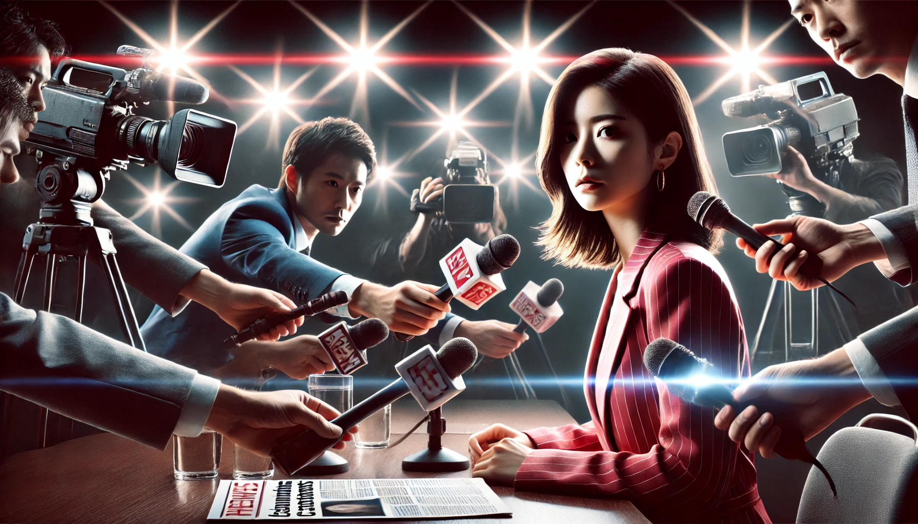 A news-style image featuring Japanese actress Suzu Hirose in the middle of a dramatic romantic scandal report. The scene should be set in a press conference or media briefing atmosphere with flashing cameras and reporters. The image should convey the tension and excitement of a breaking celebrity news story.