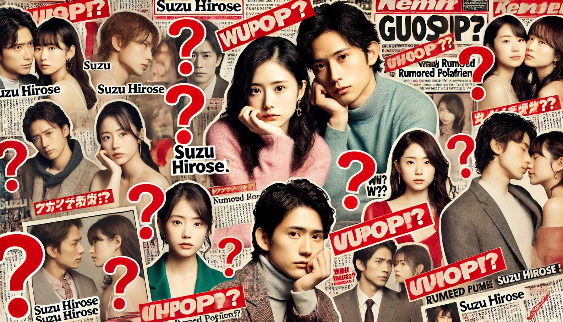 A romantic-themed collage featuring Japanese actress Suzu Hirose and various rumored partners in different settings. The image should have a tabloid feel with multiple overlapping pictures, red circles, and question marks indicating speculation. The theme should be gossip-focused, highlighting different phases of rumored relationships.