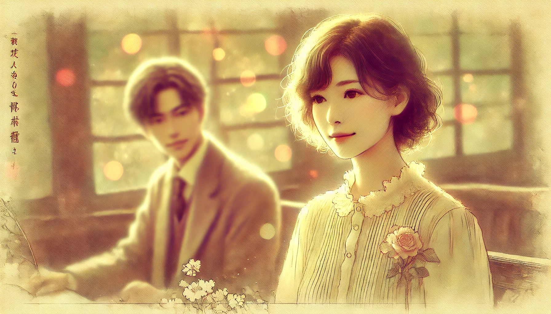 A nostalgic and dreamy illustration depicting Japanese actress Suzu Hirose and a rumored romantic partner in a past setting. The scene should be soft and warm, capturing a moment of connection such as a quiet conversation or a shared glance. The background should be blurred and artistic, enhancing the sense of memory and speculation.