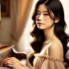 A Japanese actress with long, dark hair in an elegant dress, representing Suzu Hirose's rumored beautiful aunt. The setting is soft and warm, enhancing the elegance of her features. The background is blurred to focus on her beauty and charm. The image should have a cinematic feel with natural lighting.