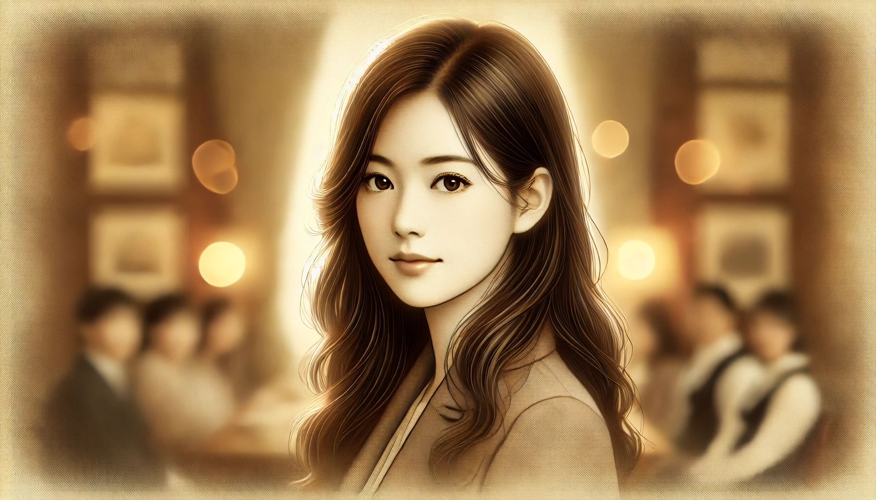 A digital illustration of a young Japanese woman, rumored to be the beautiful aunt of actress Suzu Hirose. She has a graceful and elegant appearance with long, dark hair and soft features, wearing a classic yet stylish outfit. The background is softly blurred, giving a nostalgic feel to the image. The setting should be warm and inviting, emphasizing the beauty that made her well-known.