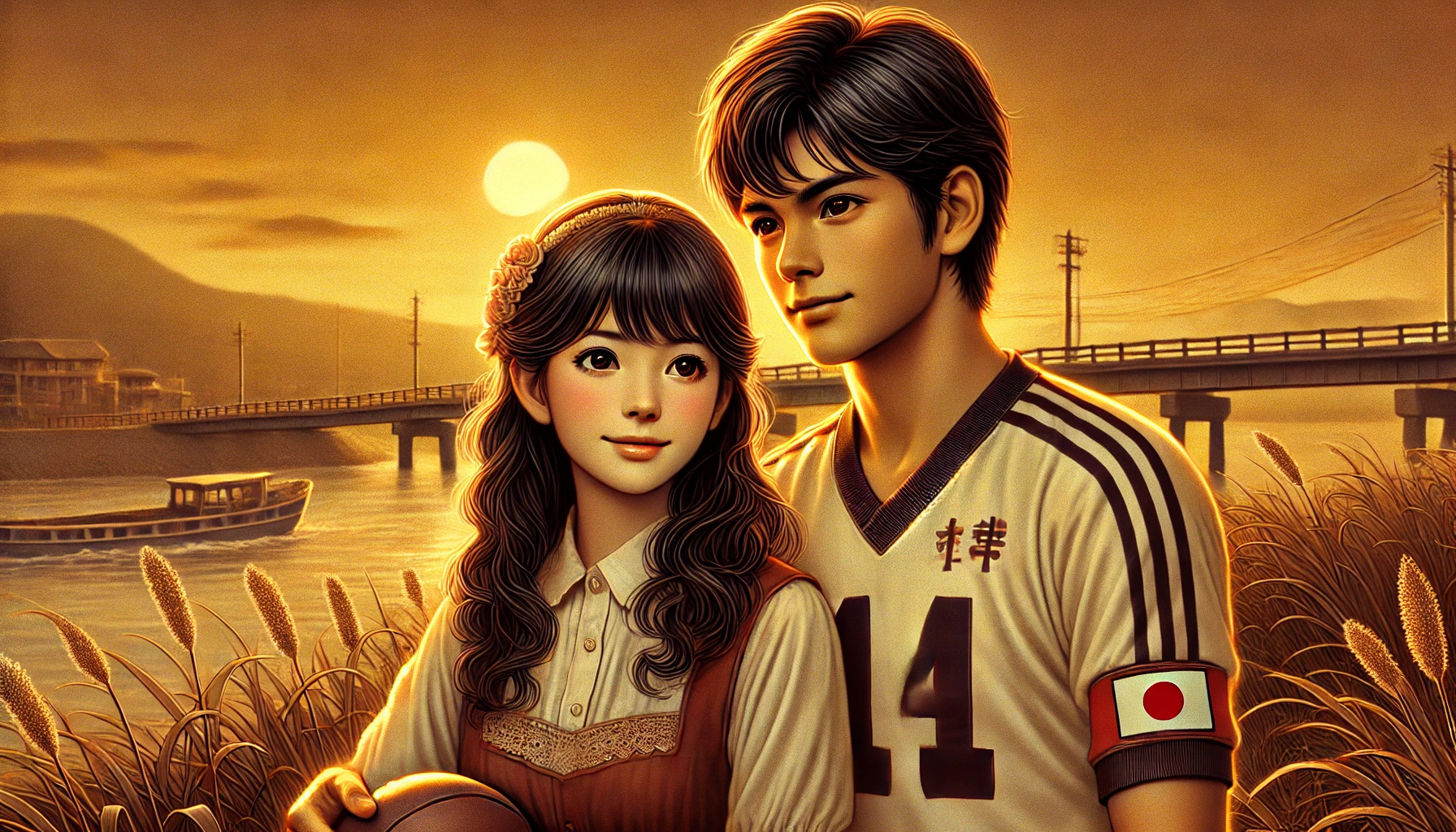 A romantic digital illustration of a young Japanese woman and a Japanese soccer player in the 1980s. The couple is standing together in a nostalgic setting, possibly near a riverbank at sunset. The woman has long dark hair and wears a vintage dress, while the soccer player is dressed in a classic uniform with a number on his jersey. They appear happy and in love, reflecting a youthful romance. The atmosphere is warm and emotional.