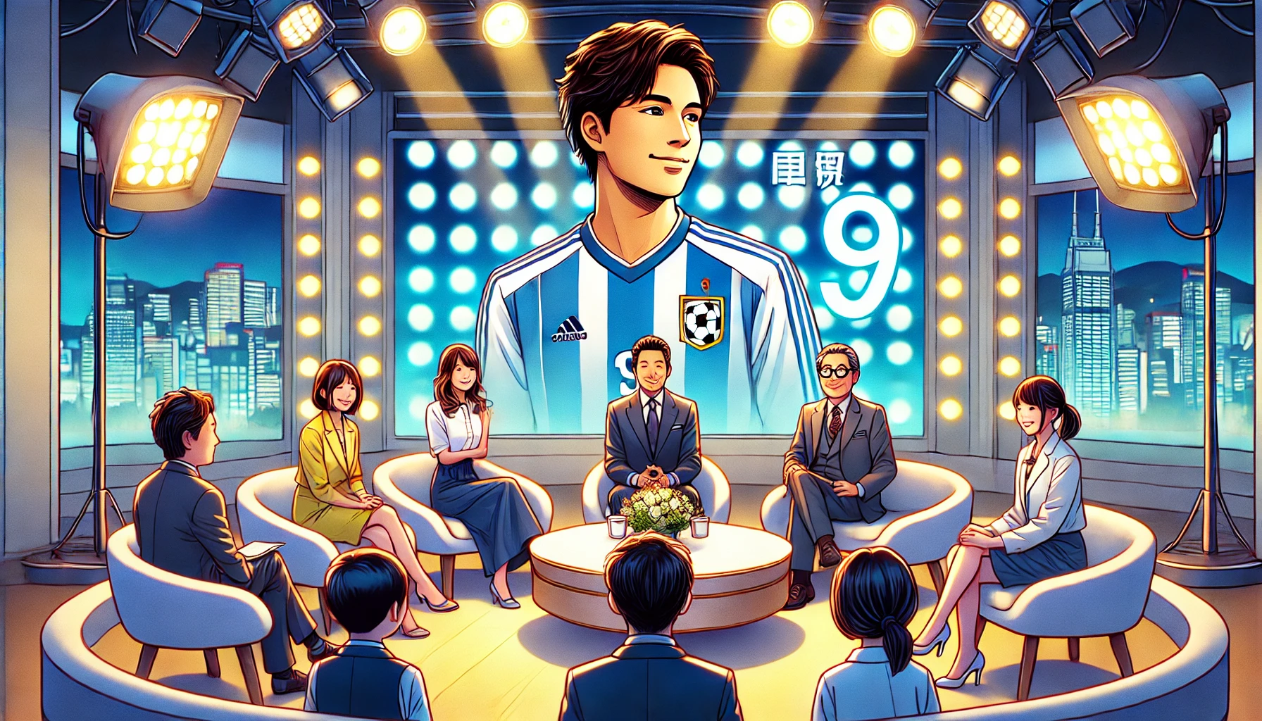 A digital illustration of a Japanese television talk show scene. The setting is a lively studio with bright lights and a stylish background. A famous Japanese soccer player is seen reminiscing about his past romance with a young woman. The host and panelists react with surprise and amusement. The atmosphere is engaging, with the focus on the soccer player's nostalgic expression as he shares his story.