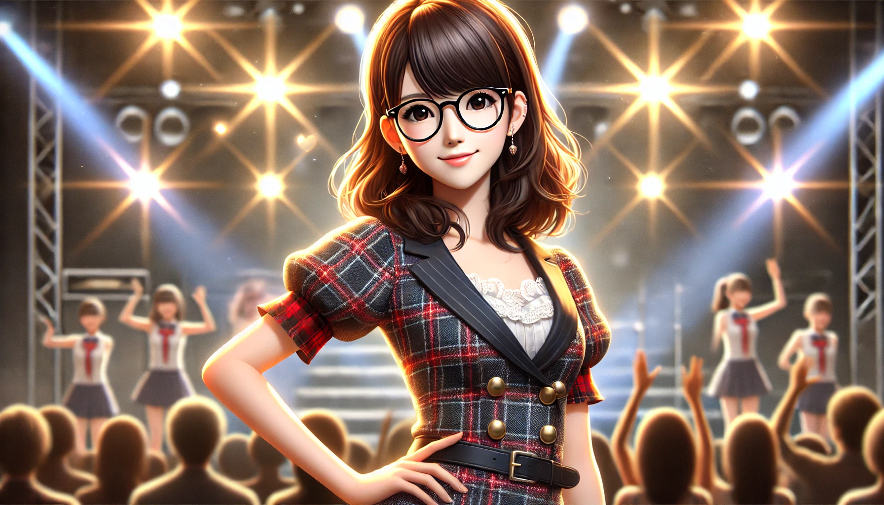 A Japanese female idol with glasses as her trademark, standing confidently on stage under bright lights. She is stylishly dressed, with a warm smile and an engaging presence. The background features a cheering crowd and stage effects. The image should be in a realistic art style with detailed lighting and shading.