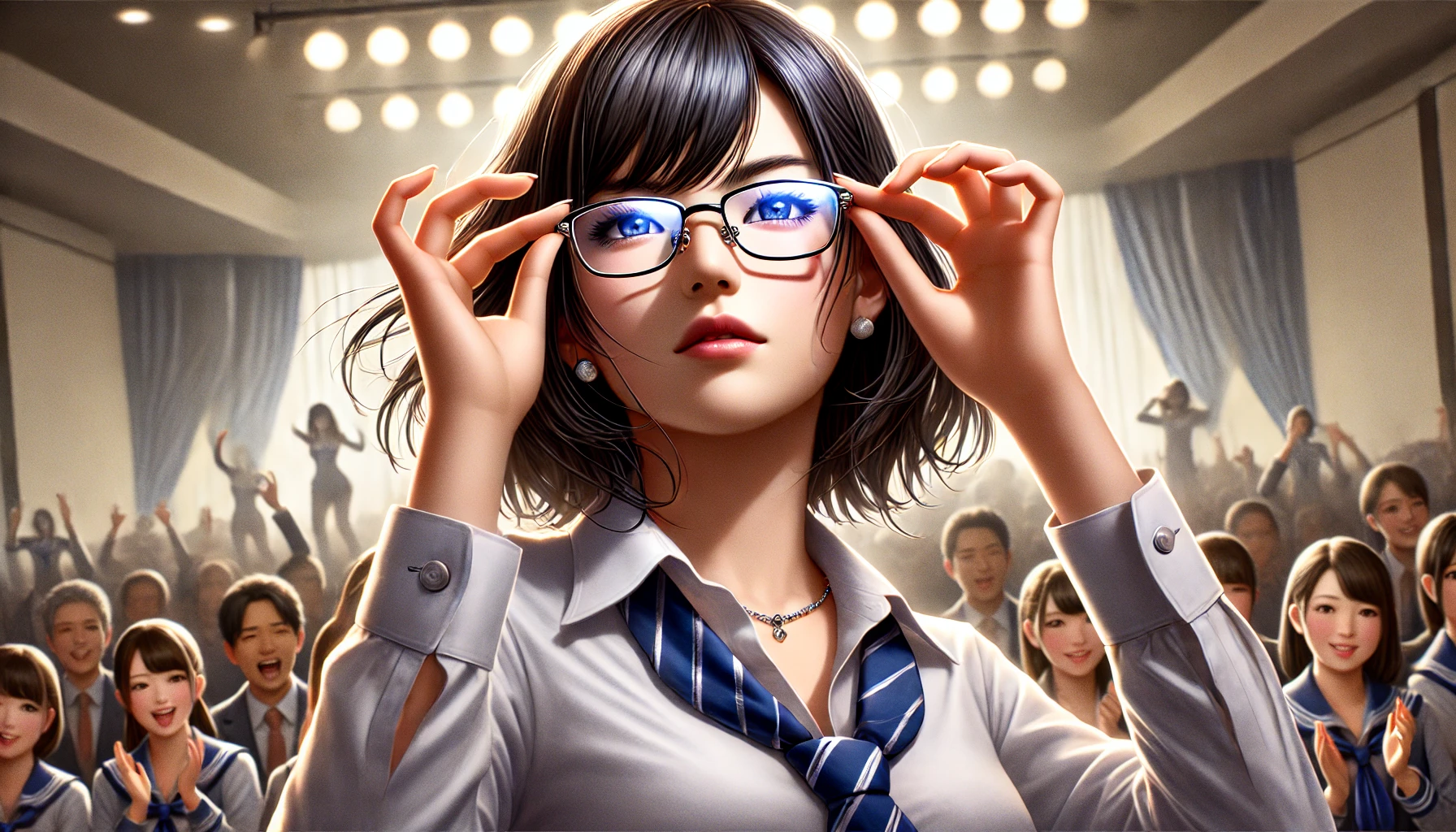 A Japanese female idol, known for her trademark glasses, dramatically removing them on stage. Her expression is confident yet slightly emotional, creating an impactful moment. The background features a crowd reacting with excitement. The image should be in a realistic art style with detailed lighting and shading.