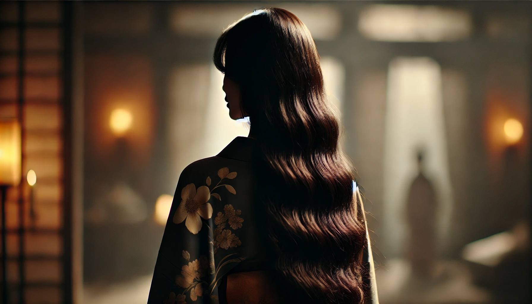 A mysterious and elegant Japanese woman, rumored to be the beautiful mother of actress Suzu Hirose, seen from behind. Her long, dark hair flows down her back, and she wears a stylish kimono, standing in a softly lit environment. The atmosphere is enigmatic, with a sense of intrigue surrounding her. The background is blurred, emphasizing the mystery of her identity.