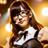 A Japanese female idol with glasses as her trademark, dressed in a stylish outfit on stage. She has a confident expression and is performing under bright lights. The image is vibrant and captures the essence of her presence as a pop star.