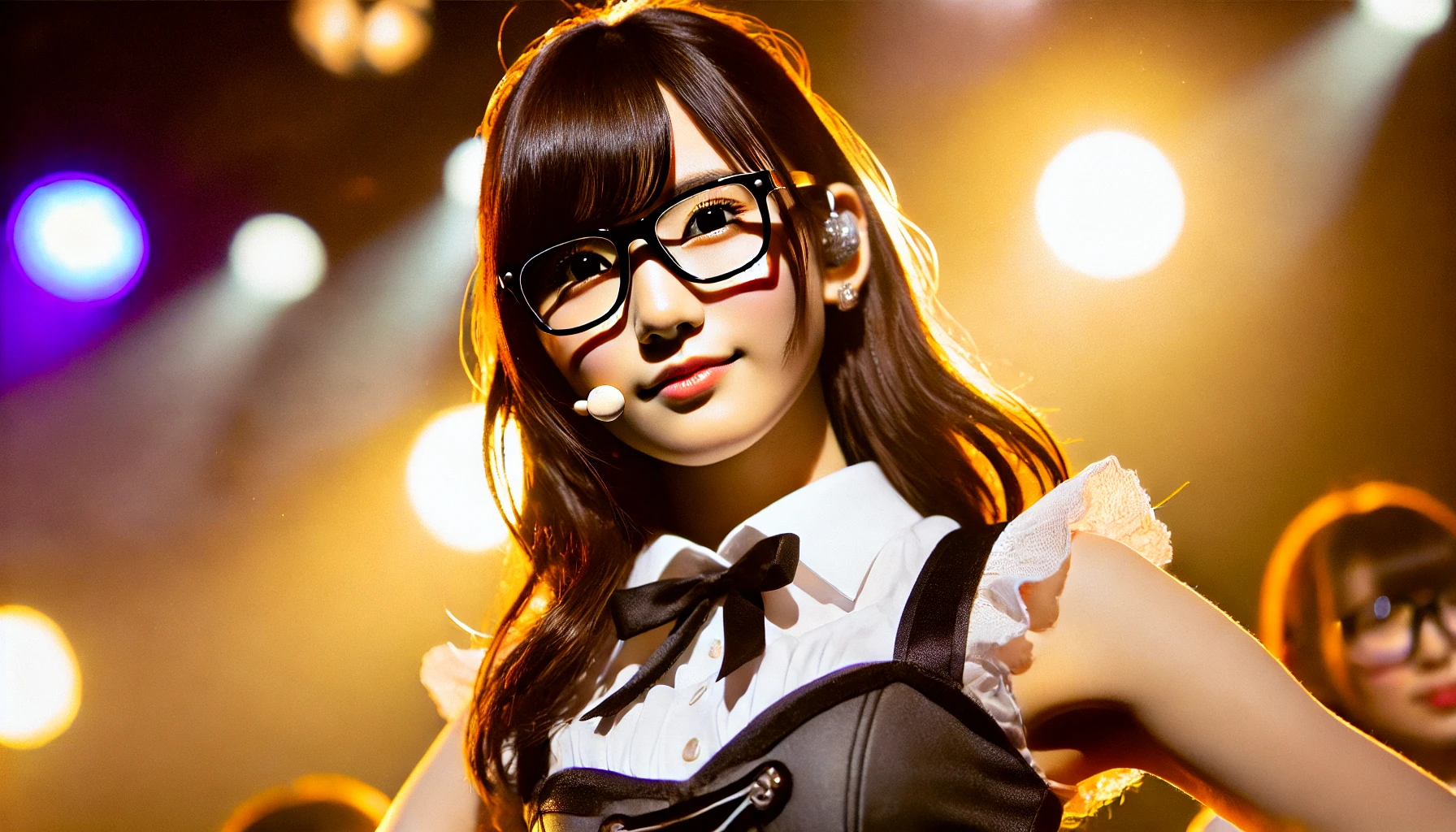 A Japanese female idol with glasses as her trademark, dressed in a stylish outfit on stage. She has a confident expression and is performing under bright lights. The image is vibrant and captures the essence of her presence as a pop star.