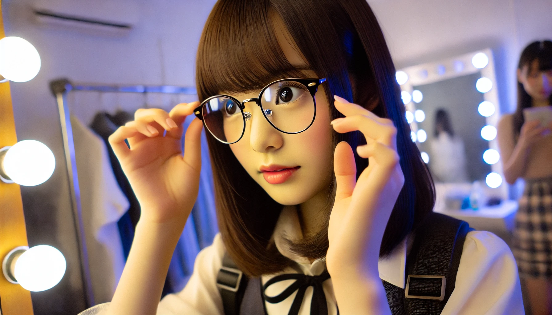 A Japanese female idol, known for her glasses, is captured in the moment of removing them. Her expression shows anticipation and curiosity. The setting is a backstage dressing room with soft lighting, adding an intimate atmosphere.