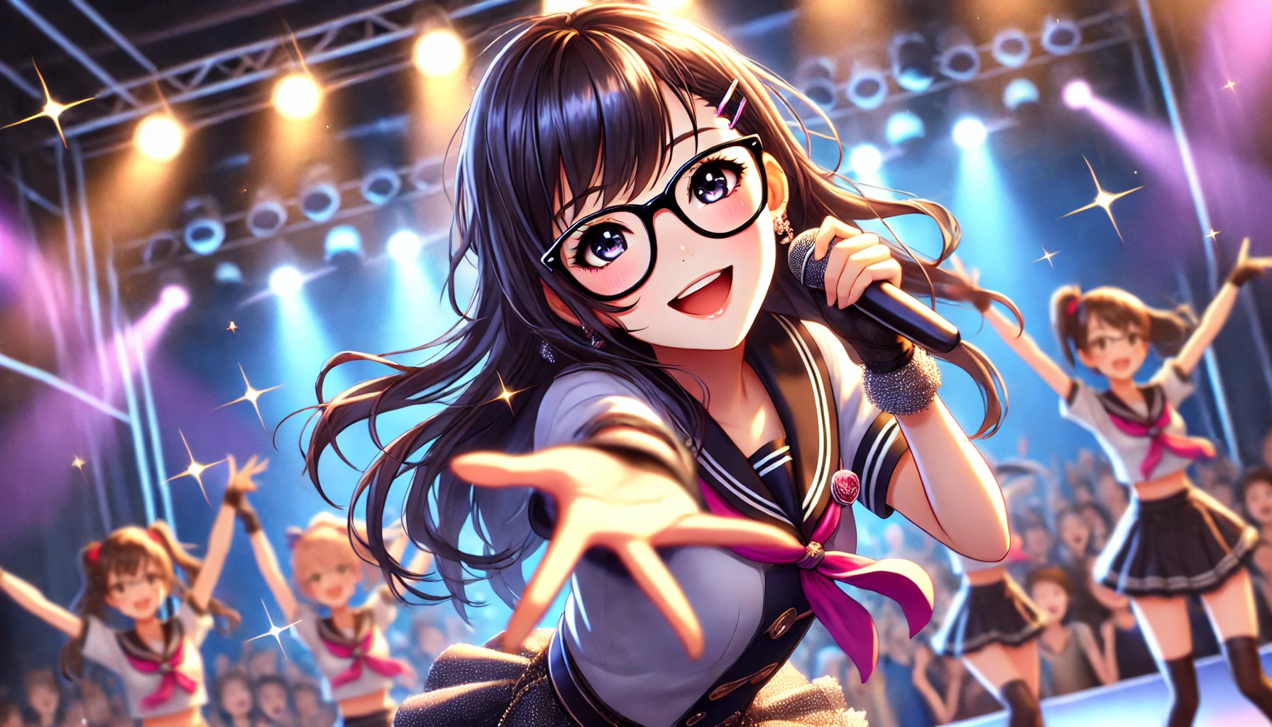 A Japanese female idol with glasses as her trademark, performing on stage with a cheerful expression. She has long dark hair, a stylish outfit, and a dynamic pose under bright stage lights. The audience is seen cheering in the background. Vibrant and energetic atmosphere.