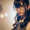 A Japanese female idol with glasses as her trademark, standing confidently with a mysterious expression. She is surrounded by soft lighting, emphasizing her elegance and charm. The background is blurred, creating a sense of enigma around her non-disclosed age.