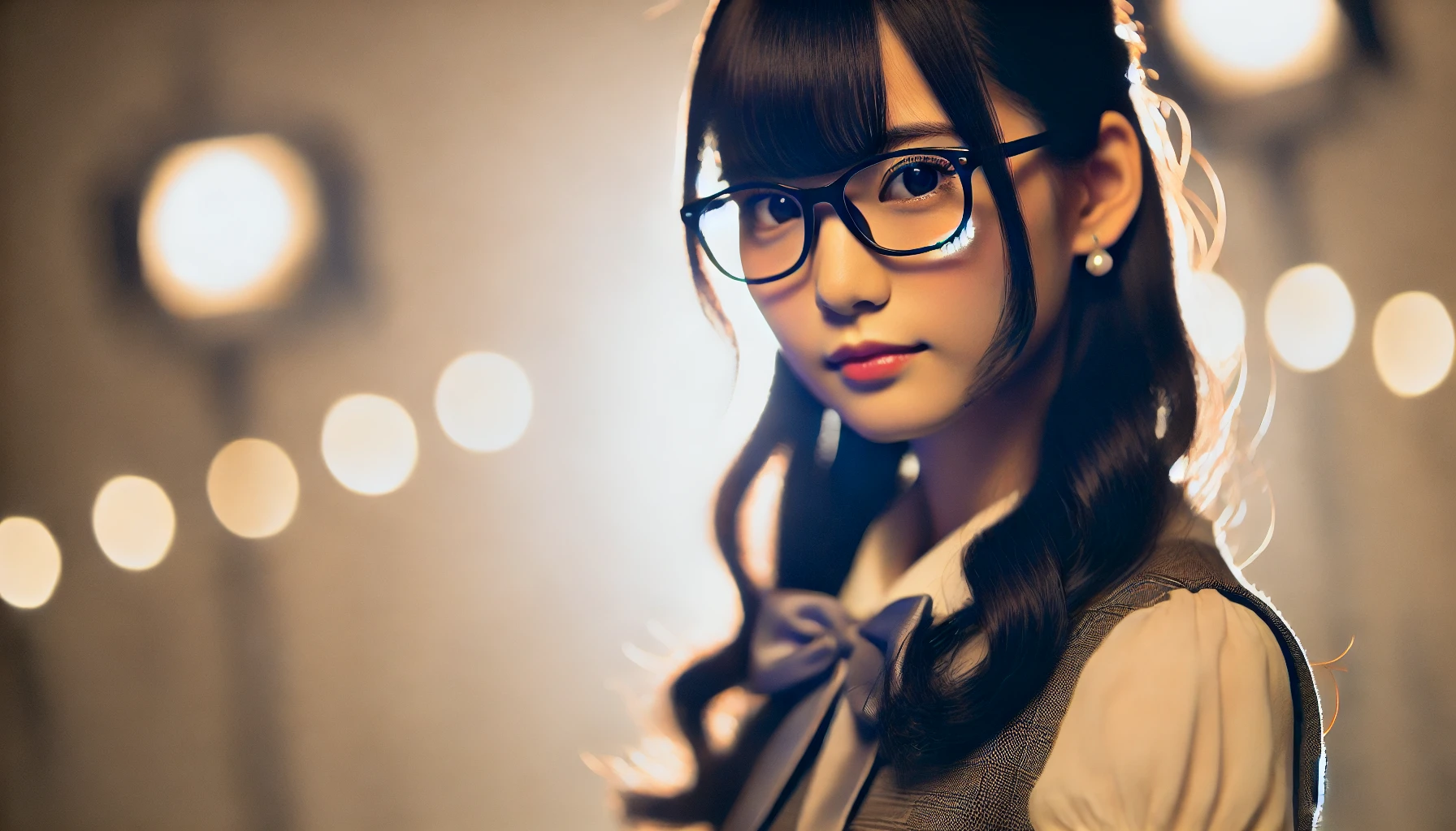 A Japanese female idol with glasses as her trademark, standing confidently with a mysterious expression. She is surrounded by soft lighting, emphasizing her elegance and charm. The background is blurred, creating a sense of enigma around her non-disclosed age.