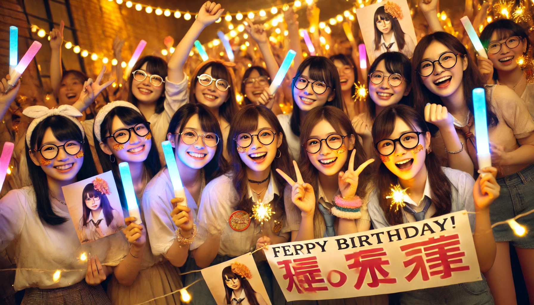 A group of Japanese fans celebrating their favorite female idol with glasses on her birthday. They are holding banners and glow sticks, smiling and cheering joyfully. The atmosphere is filled with warm lights and excitement.