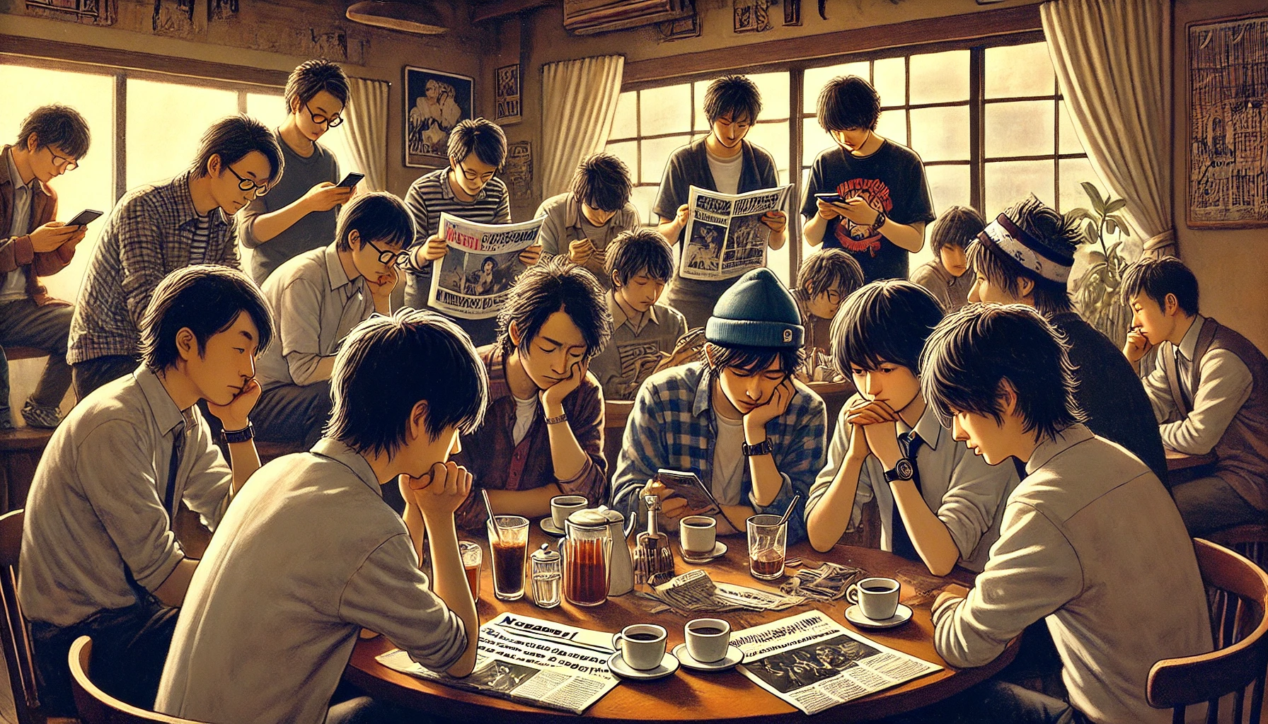 A group of Japanese fans gathered in a cozy café, discussing the reasons behind the disbandment of their favorite punk band without instruments. Some are looking at their phones, reading news articles, while others are engaged in passionate conversation. The atmosphere is contemplative, filled with nostalgia and speculation.