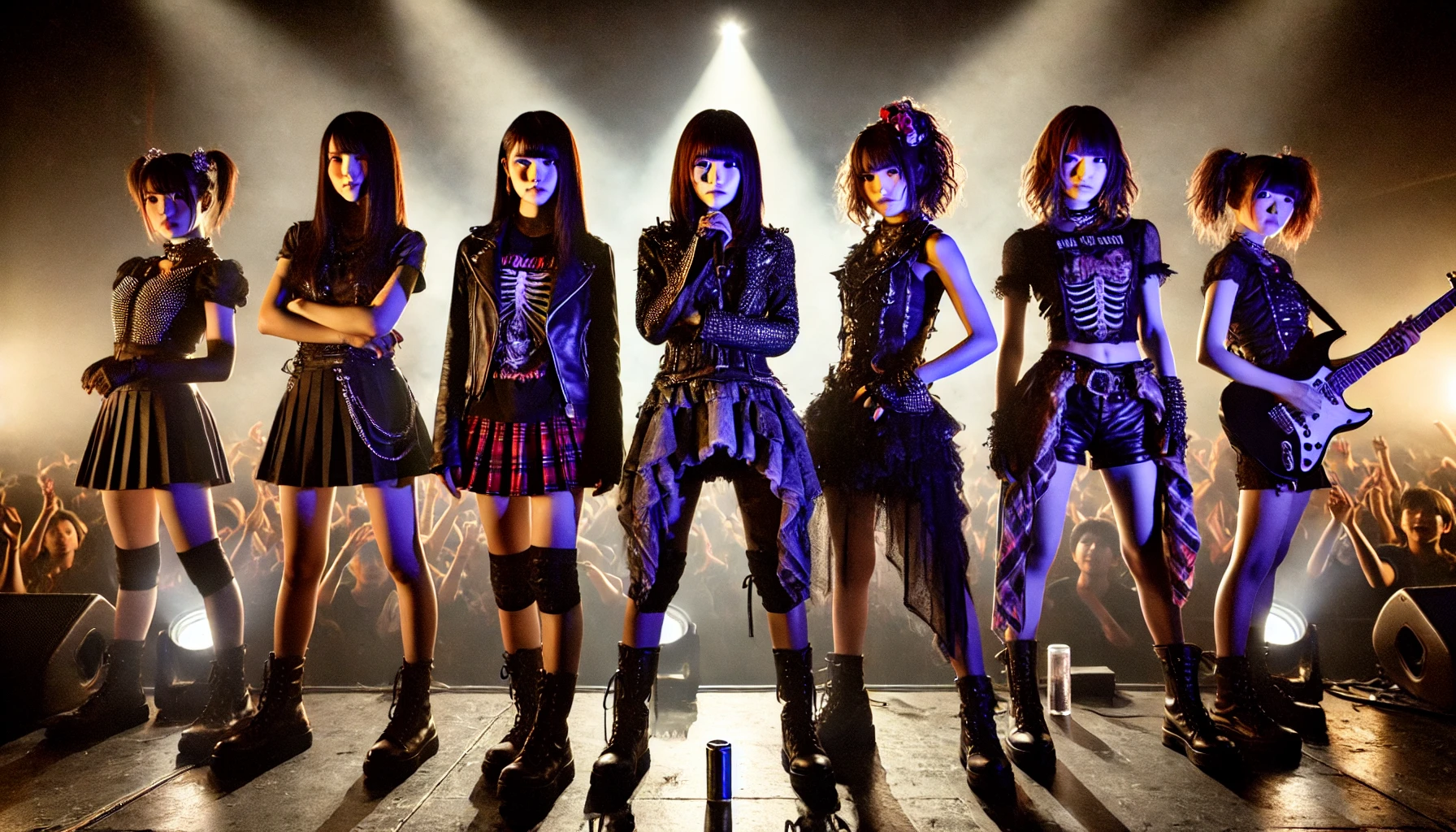 A four-member Japanese female idol group known as a punk band without instruments, standing together on a stage with dramatic lighting. Each member wears edgy, punk-inspired outfits with a rebellious yet stylish aesthetic. The atmosphere is energetic, with a crowd cheering in the background. The setting is a live concert performance, emphasizing their strong presence as performers.