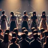 A dramatic scene of a four-member Japanese female idol group, known as a punk band without instruments, announcing their disbandment. The atmosphere is emotional, with the members standing on a stage under dim lights, some looking down, others holding hands. The audience is visibly shocked and emotional. The scene conveys a mix of sadness and nostalgia.