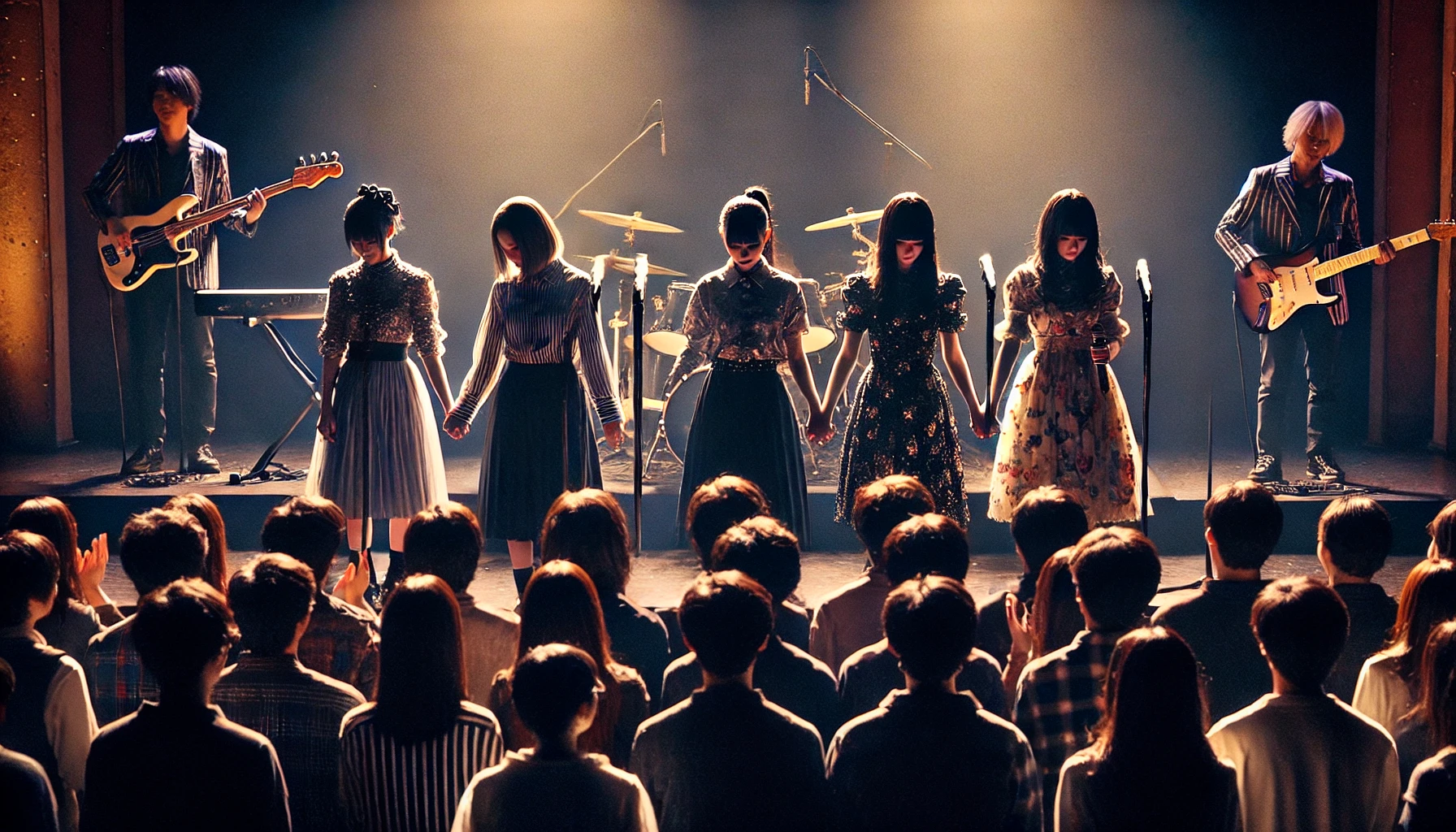 A dramatic scene of a four-member Japanese female idol group, known as a punk band without instruments, announcing their disbandment. The atmosphere is emotional, with the members standing on a stage under dim lights, some looking down, others holding hands. The audience is visibly shocked and emotional. The scene conveys a mix of sadness and nostalgia.