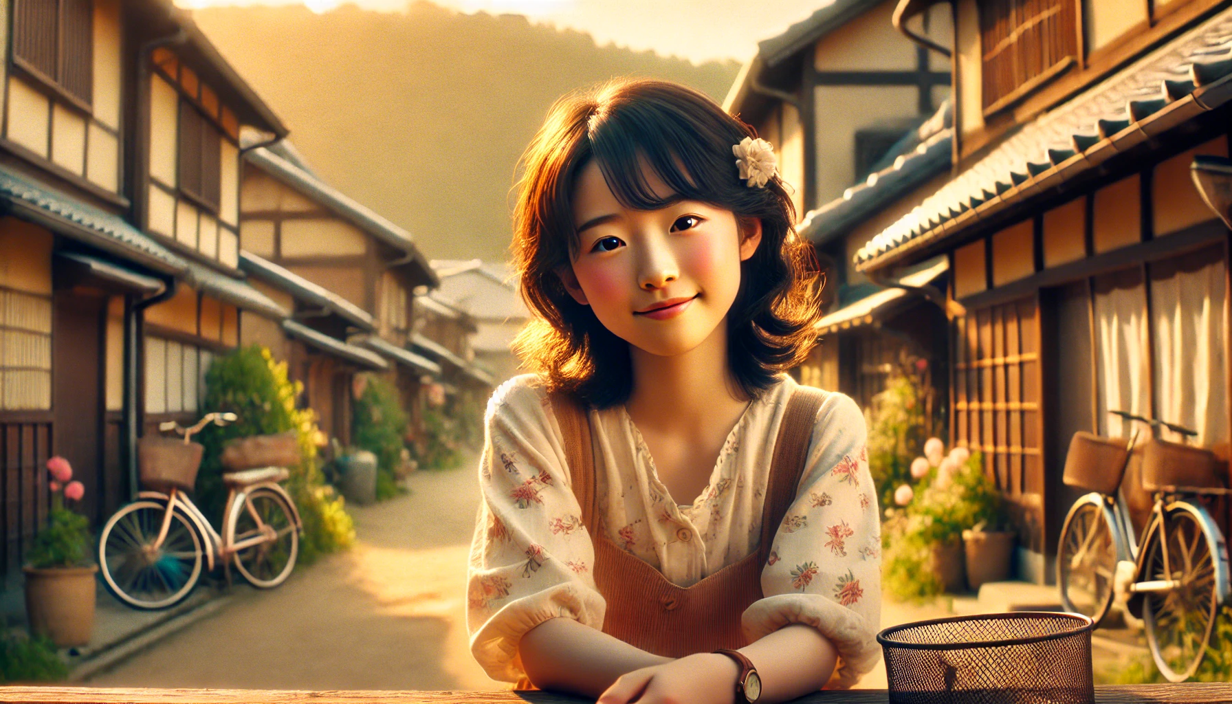 A nostalgic and artistic representation of young Japanese actress Suzu Hirose in her early years. The image should depict a bright and lively young girl in a peaceful suburban neighborhood in Japan, symbolizing her childhood before she became a famous actress. The setting includes traditional Japanese houses and a warm, nostalgic atmosphere. The image should have a cinematic feel, capturing the essence of innocence and potential.