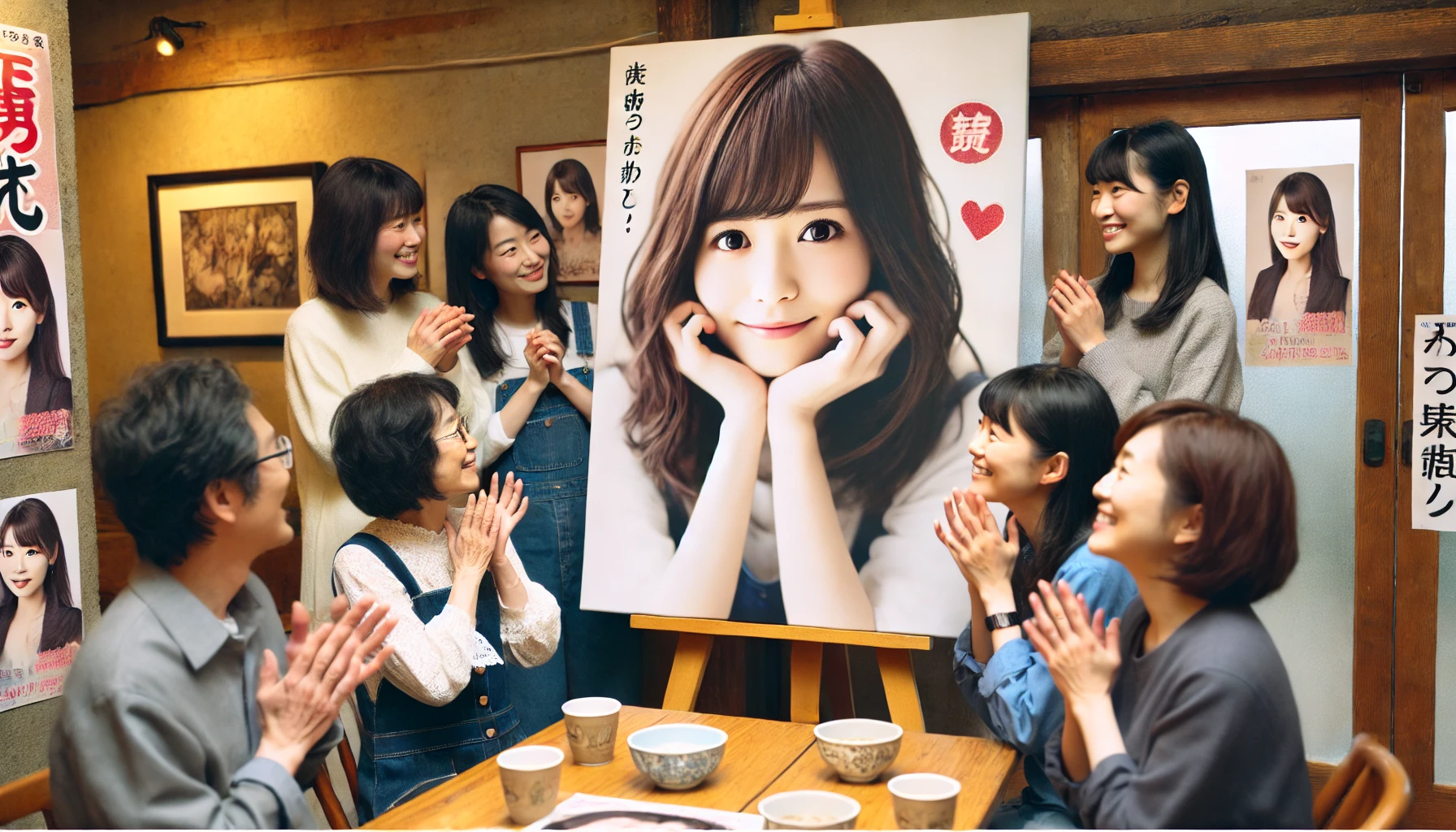 A group of Japanese fans admiring a large portrait of actress Kawaguchi Haruna, discussing her cute facial features with happy expressions. The setting is a casual fan gathering or event, where people share their admiration for her beauty.