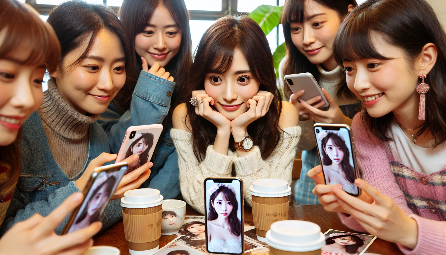 A group of Japanese fans sitting in a café, enthusiastically discussing the facial features of actress Kawaguchi Haruna. They are showing pictures and videos on their phones, sharing their admiration and opinions in an engaging conversation.