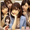 A group of Japanese fans looking at a mirror, trying to mimic the facial expressions and features of actress Kawaguchi Haruna. They admire her beauty and discuss how to achieve a similar look with makeup and styling.