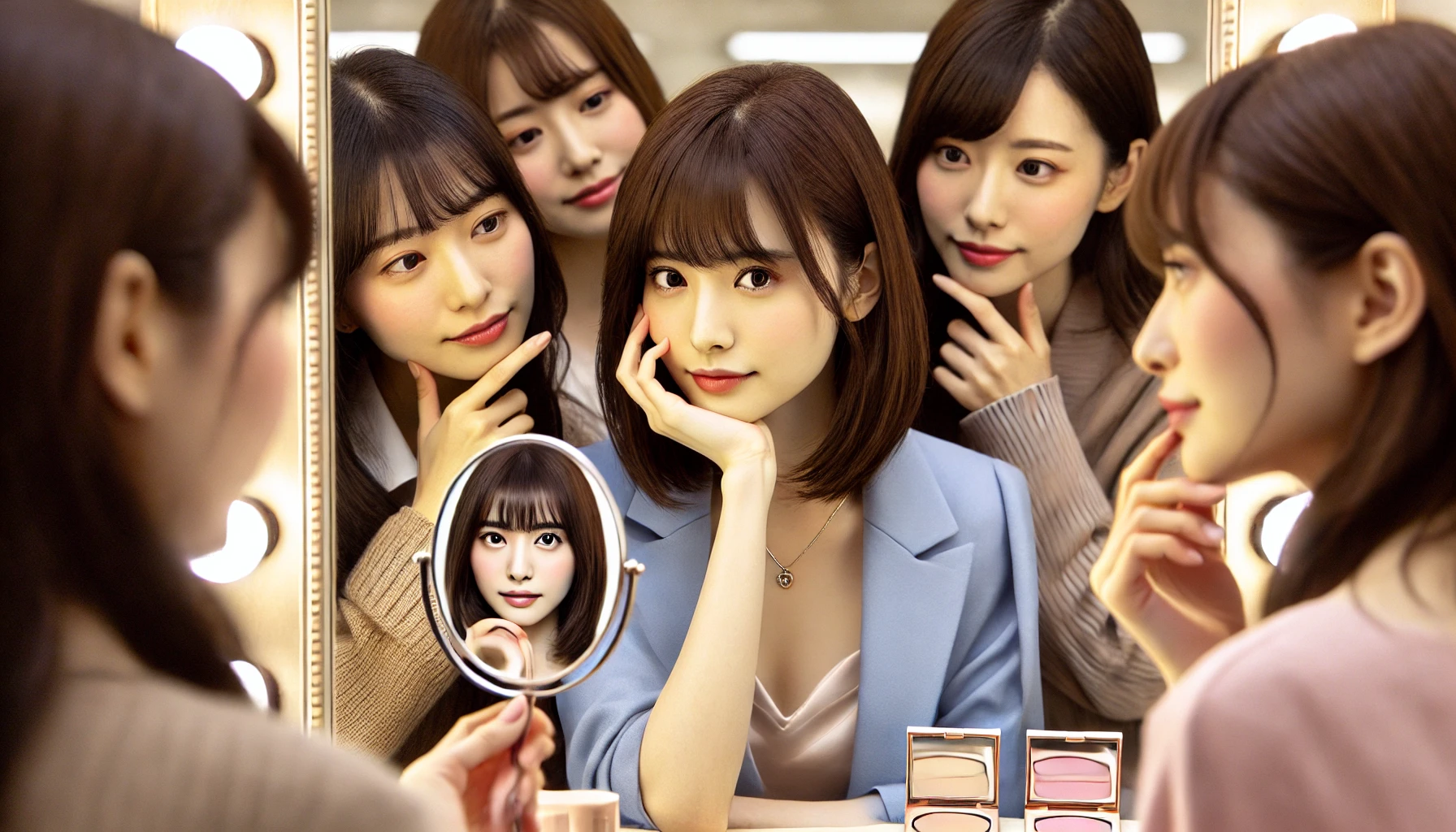 A group of Japanese fans looking at a mirror, trying to mimic the facial expressions and features of actress Kawaguchi Haruna. They admire her beauty and discuss how to achieve a similar look with makeup and styling.