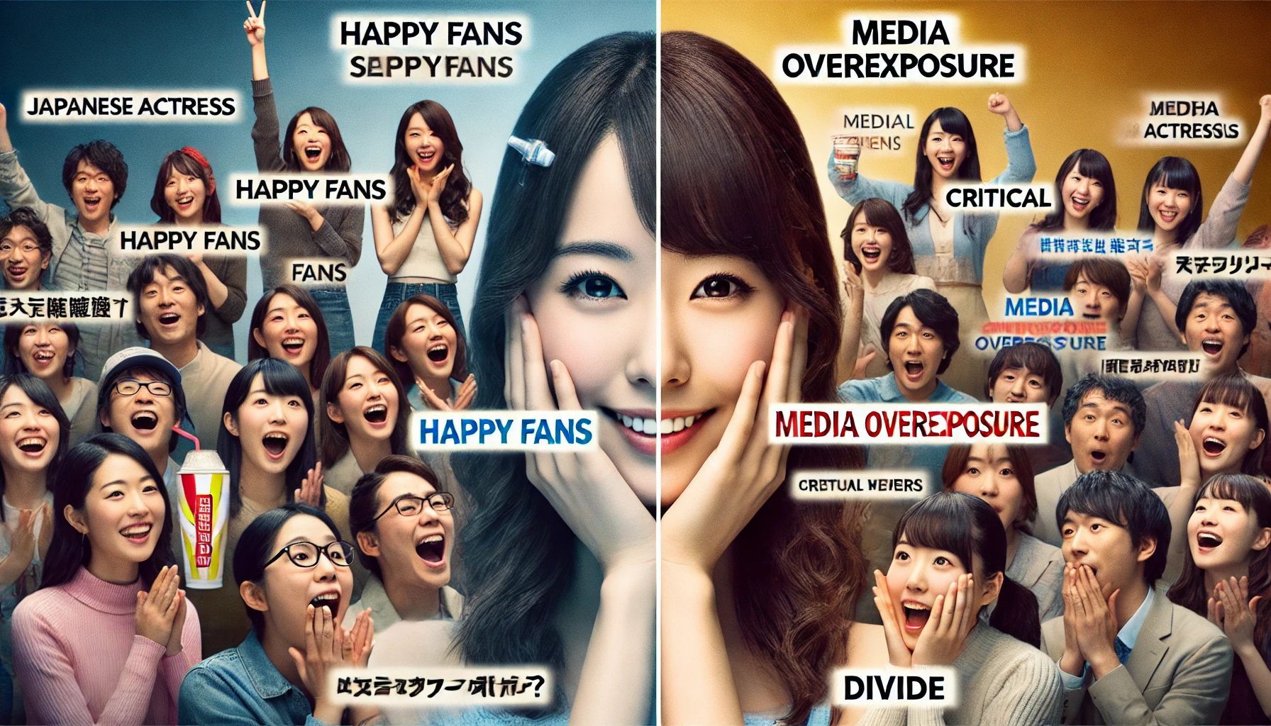 A split-screen image showing two contrasting opinions on a Japanese actress appearing in many commercials. On the left, happy fans celebrating and supporting her career. On the right, critical viewers discussing media overexposure. The image captures the divide in public opinion.