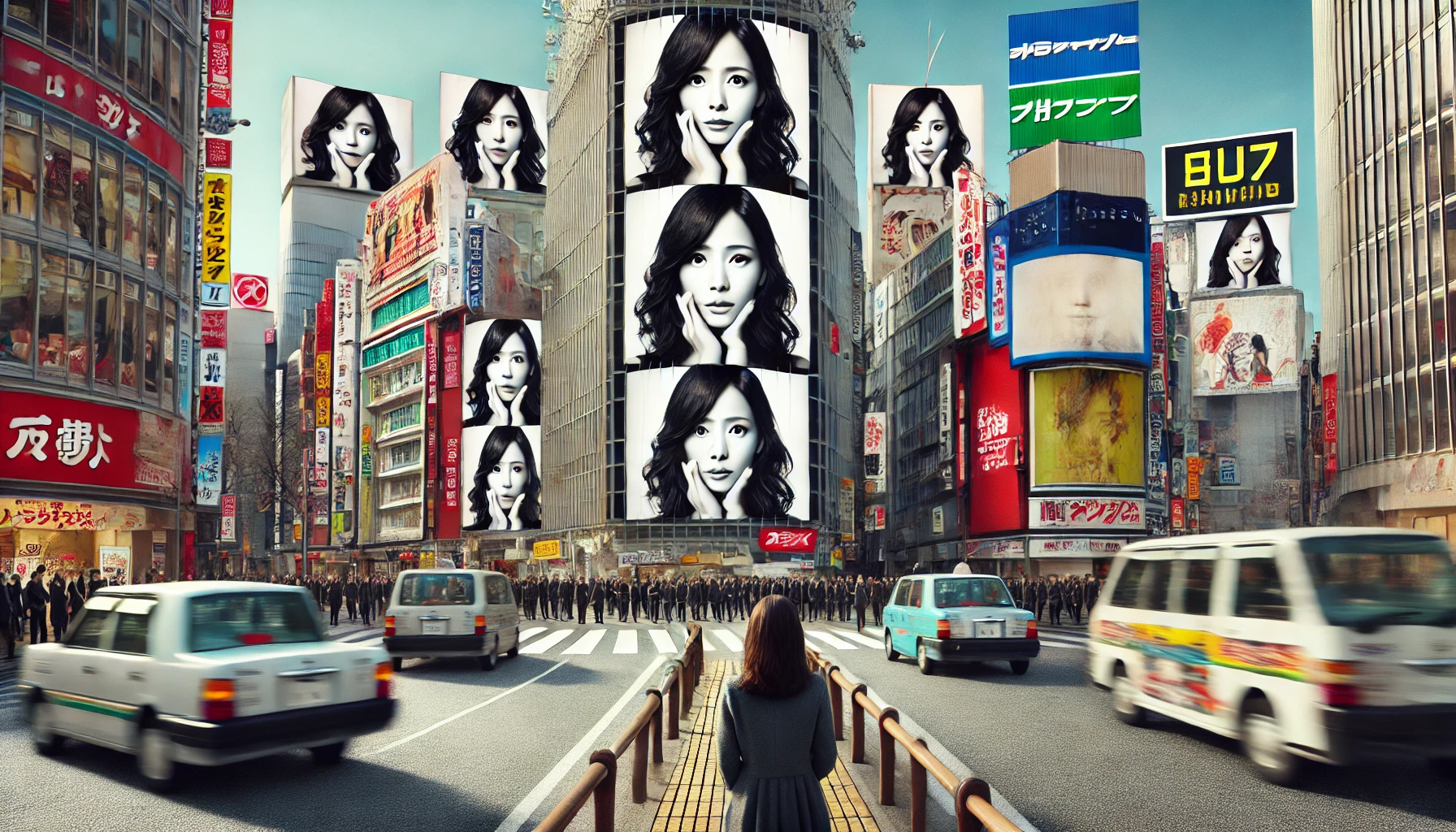 A conceptual image showing the impact of media saturation. A Japanese actress appears repeatedly on multiple billboard advertisements and television screens in a busy urban setting, symbolizing the overwhelming presence of a celebrity in commercials.