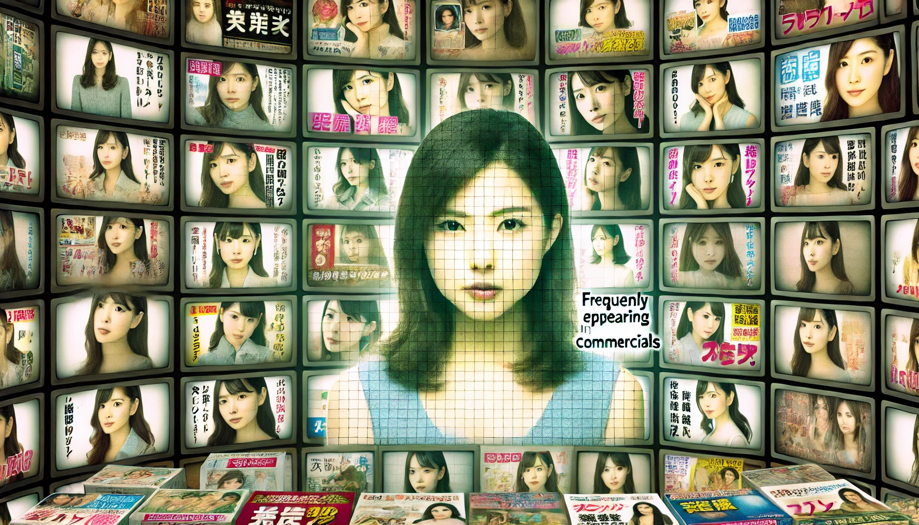 A digital collage showing Japanese actress frequently appearing in commercials. The image consists of multiple TV screens displaying different advertisements featuring the actress. The atmosphere suggests media saturation and high visibility, representing the discussion about her frequent commercial appearances.