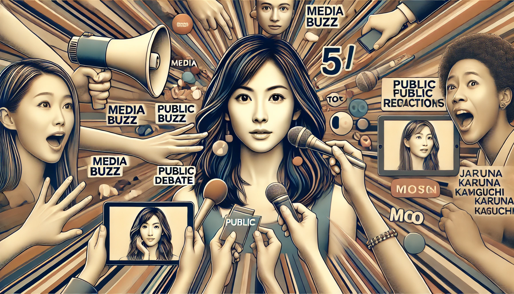 A visually engaging image illustrating the discussion around Japanese actress Haruna Kawaguchi appearing in too many commercials. The concept should convey media buzz, public debate, and mixed reactions, using a stylish and modern artistic approach. No text in the image.