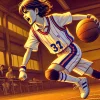 A dynamic and inspiring illustration of young Japanese actress Suzu Hirose passionately playing basketball in her school days. The image should show her in a school gym, wearing a sports uniform, dribbling a basketball with determination and energy. The scene should feel intense and motivational, with warm lighting and a focus on movement and dedication.