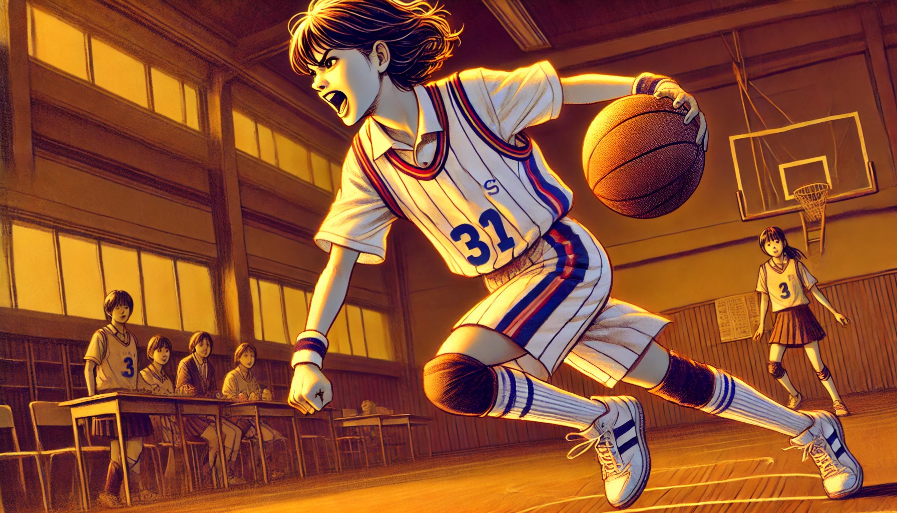 A dynamic and inspiring illustration of young Japanese actress Suzu Hirose passionately playing basketball in her school days. The image should show her in a school gym, wearing a sports uniform, dribbling a basketball with determination and energy. The scene should feel intense and motivational, with warm lighting and a focus on movement and dedication.